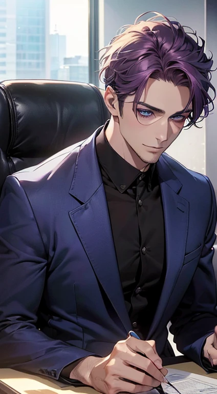 (best quality,4k,8k,highres,masterpiece:1.2),ultra-detailed,(realistic,photorealistic,photo-realistic:1.37),1 man,31 years old,mature man,very handsome,without expression,smile,short purple hair,blue eyes,penetrating gaze,perfect face without errors,imposing posture,businessman,office background,cinematic lighting,hdr image