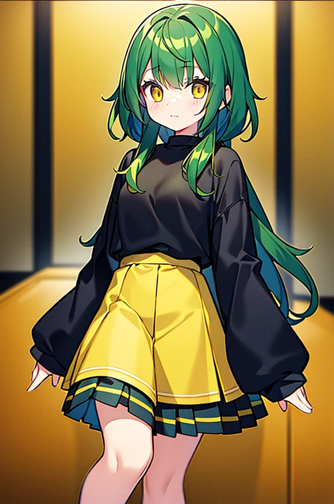 1 girl, 12 years old, wearing black t-shirt, wearing yellow and green jacket, green hair, yellow eyes, wearing yellow skirt