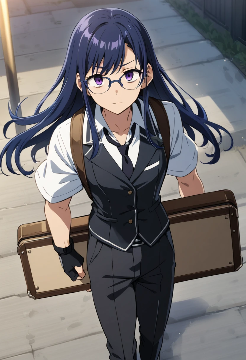(adult), (man) ((tall)), ((ciel from tsukehime)), masterpiece, best quality, very aesthetic, absurdres, shiny skin, Perfect face, Perfect shadowing, Perfect cloathing, skindentation, (dark blue hair)), messy fuss hair, very long hair, purple eyes, colegial white shirt, black vest, tie, glasses, ((black coat)), black cargo pants, colegial, carrying a wooden case with strap, fingerless gloves, holding a shovel, bags under eyes, faint smile, anime style.