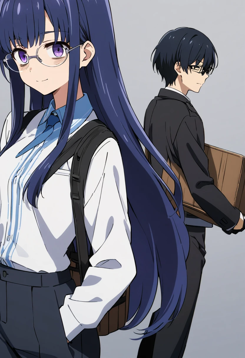 (adult), (man) ((tall)), ((ciel from tsukehime)), masterpiece, best quality, very aesthetic, absurdres, shiny skin, Perfect face, Perfect shadowing, Perfect cloathing, skindentation, (dark blue hair)), messy fuss hair, very long hair, purple eyes, colegial white shirt, black vest, tie, glasses, ((black coat)), black cargo pants, colegial, carrying a wooden case with strap, fingerless gloves, holding a shovel, bags under eyes, faint smile, anime style.