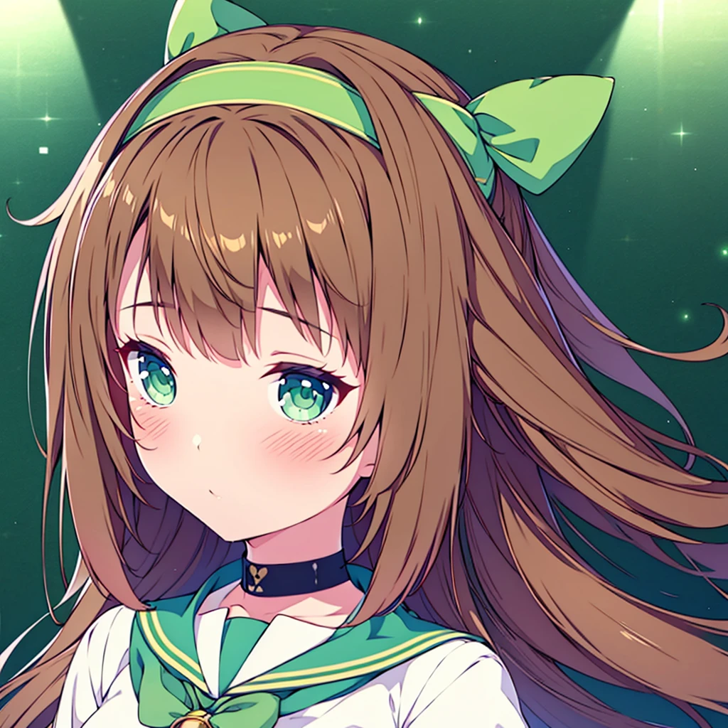 est quality,4k,highres),ultra-detailed,realistic,portraits,green eyes, long brown hair,anime style,futuristic,Y2K aesthetic,ribbon headband,small breast,futuristic sailor lolita dress,puffy