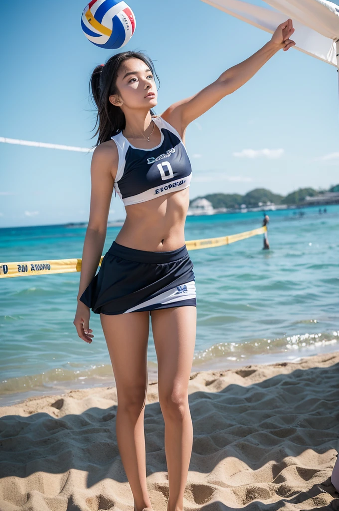 masterpiece,best quality,beach volleyball girl,Wear a short skirt,The upper body is sporty and cute,The background is the beach,((There is a volleyball net present))(Extremely detailed 8K wallpaper),(best quality),(Best illustration),(Best shadows),absurd,realistic lighting,(abyss),Beautiful detailed glow,PeterMohrBacherArt,beach volleyball girl,((Full body photo 1.7))