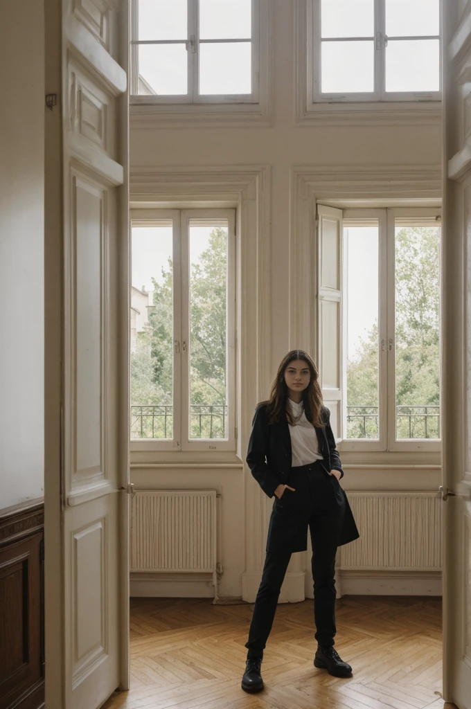 her name is Annie, high quality, 1girl, ((20-year-old fit Caucasian woman)), ((20 years old)), ((fit)) black long hair, pose: standing, wearin unique g gen Z modern wear, BACKGROUND: "From a charming Parisian studio, boasting high ceilings, ornate moldings, and large French windows that let in plenty of natural light