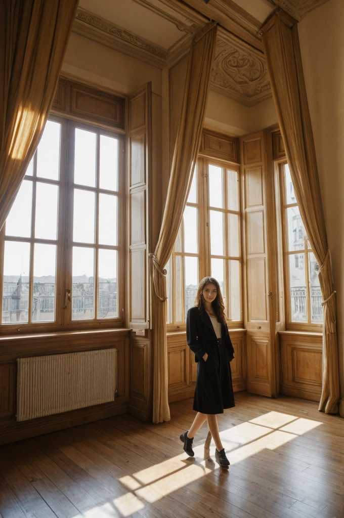 her name is Annie, high quality, 1girl, ((20-year-old fit Caucasian woman)), ((20 years old)), ((fit)) black long hair, pose: standing, wearin unique g gen Z modern wear, BACKGROUND: "From a charming Parisian studio, boasting high ceilings, ornate moldings, and large French windows that let in plenty of natural light