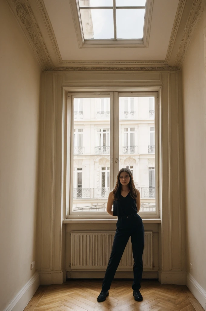 her name is Annie, high quality, 1girl, ((20-year-old fit Caucasian woman)), ((20 years old)), ((fit)) black long hair, pose: standing, wearin unique g gen Z modern wear, BACKGROUND: "From a charming Parisian studio, boasting high ceilings, ornate moldings, and large French windows that let in plenty of natural light