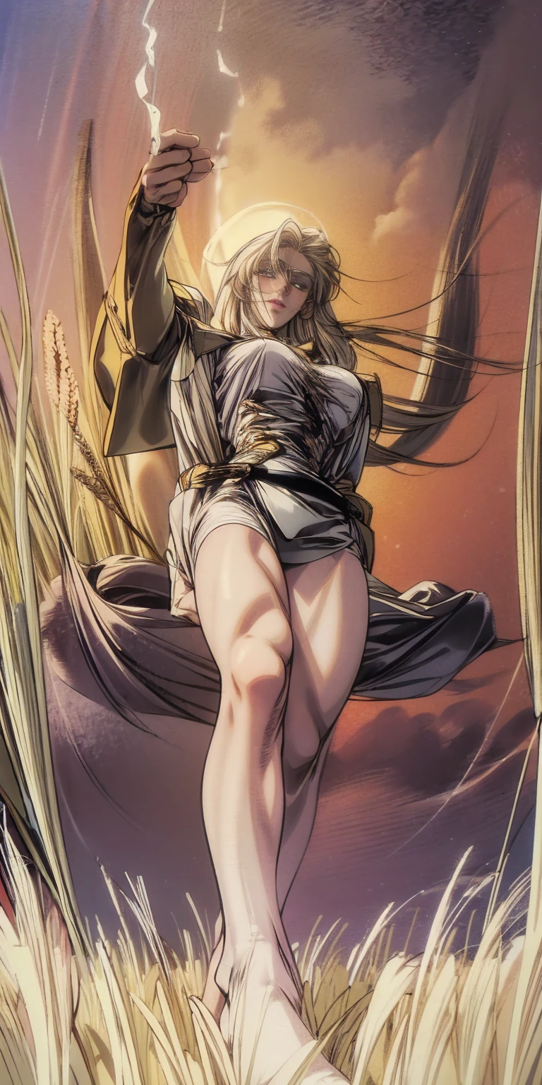 stunning painting of a knight with blonde hair, wheat field, epic clouds ((painterly)) ((impressionist)) vibrant, soft edges (((warm glow))) full body whole body view from below 1sologirl, feet together