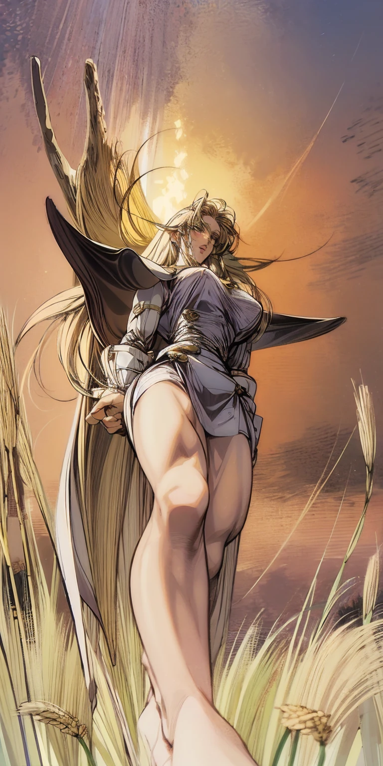 stunning painting of a knight with blonde hair, wheat field, epic clouds ((painterly)) ((impressionist)) vibrant, soft edges (((warm glow))) full body whole body view from below 1sologirl, feet together