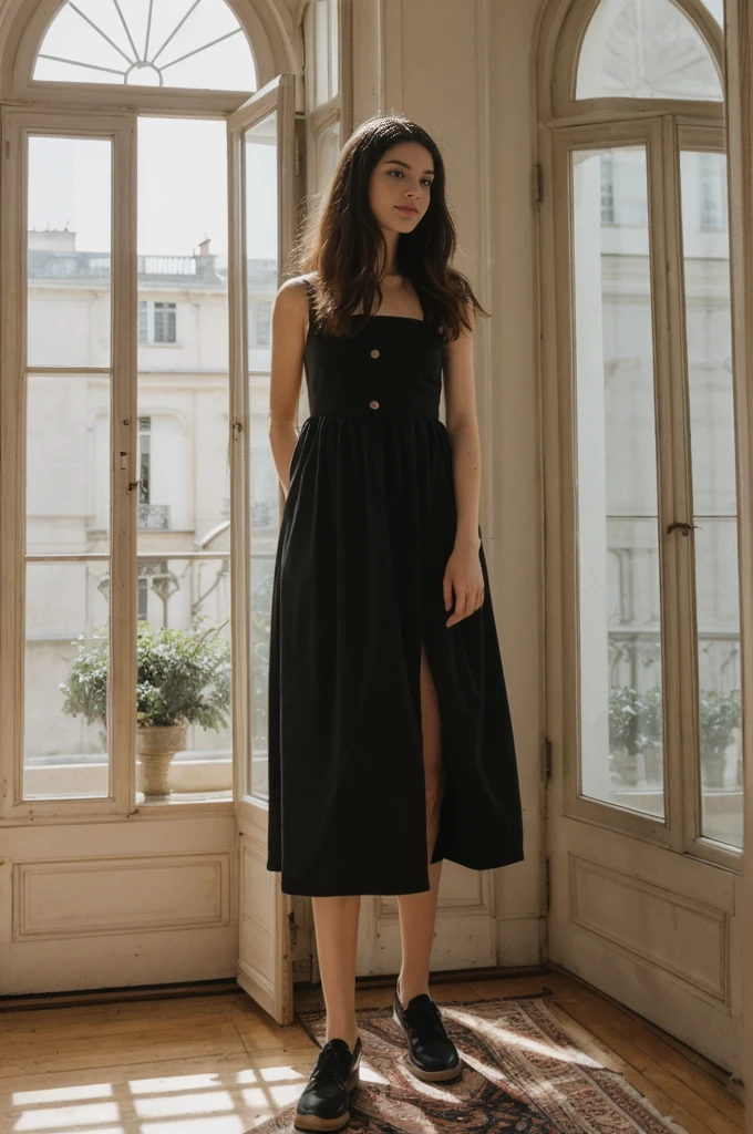her name is Annie, high quality, 1girl, ((20-year-old fit Caucasian woman)), ((20 years old)), ((fit)) black long hair, pose: standing, wearin unique g gen Z modern wear, BACKGROUND: "From a charming Parisian studio, boasting high ceilings, ornate moldings, and large French windows that let in plenty of natural light