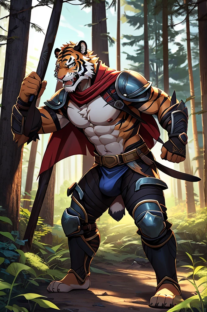 Tiger,Young Adults,Strong,handsome,warrior,Sexy body,毛茸茸的Tiger爪,Scantily clad(Scapula,Armor knee pads,Crotch bulge,The genitals are extremely prominent,The outline of the genitals is clearly visible,Red torn shawl,Bare chest and abdomen,Bare thighs,barefoot),expression(vigilante,Gnashing of teeth),action(Standing,vigilante),Alone,Looking angrily at the camera,Challenge the camera character to a duel,environment(Clearing in open forest,There are sparse low weeds around,There are pine trees in the distance)