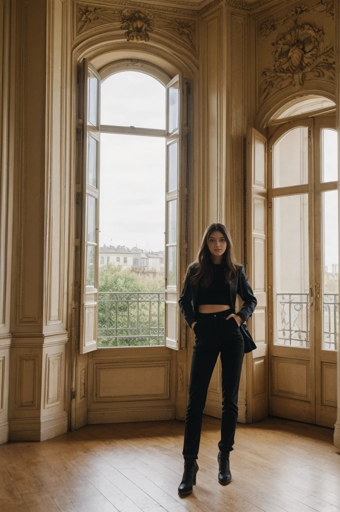 her name is Annie, high quality, 1girl, ((20-year-old fit Caucasian woman)), ((20 years old)), ((fit)) black long hair, pose: standing, wearin unique g gen Z modern wear, BACKGROUND: "From a charming Parisian studio, boasting high ceilings, ornate moldings, and large French windows that let in plenty of natural light