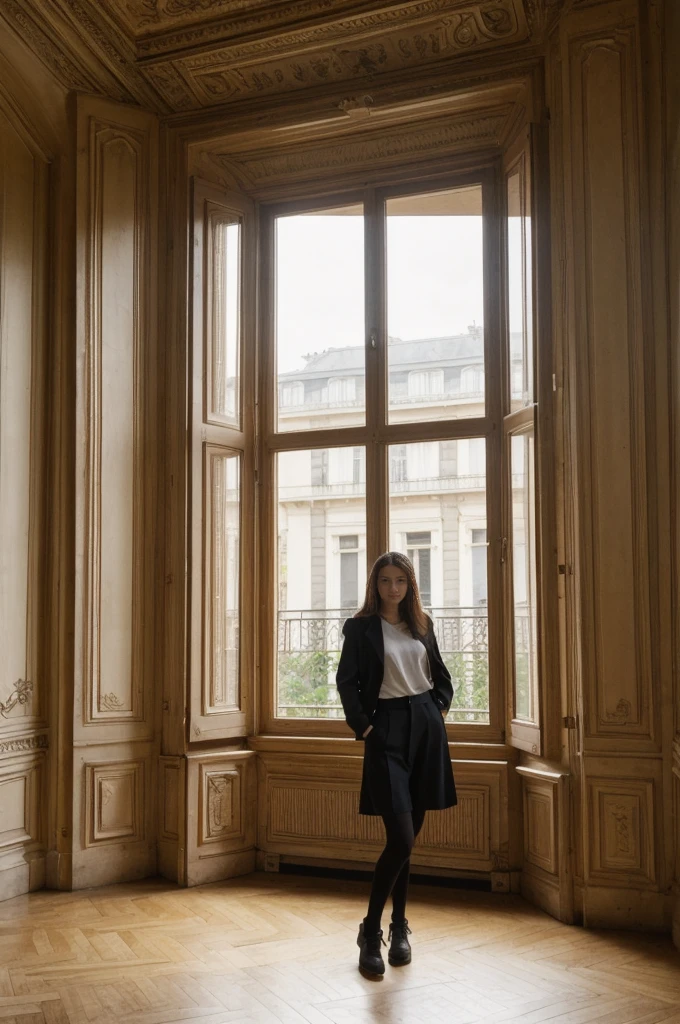 her name is Annie, high quality, 1girl, ((20-year-old fit Caucasian woman)), ((20 years old)), ((fit)) black long hair, pose: standing, wearin unique g gen Z modern wear, BACKGROUND: "From a charming Parisian studio, boasting high ceilings, ornate moldings, and large French windows that let in plenty of natural light
