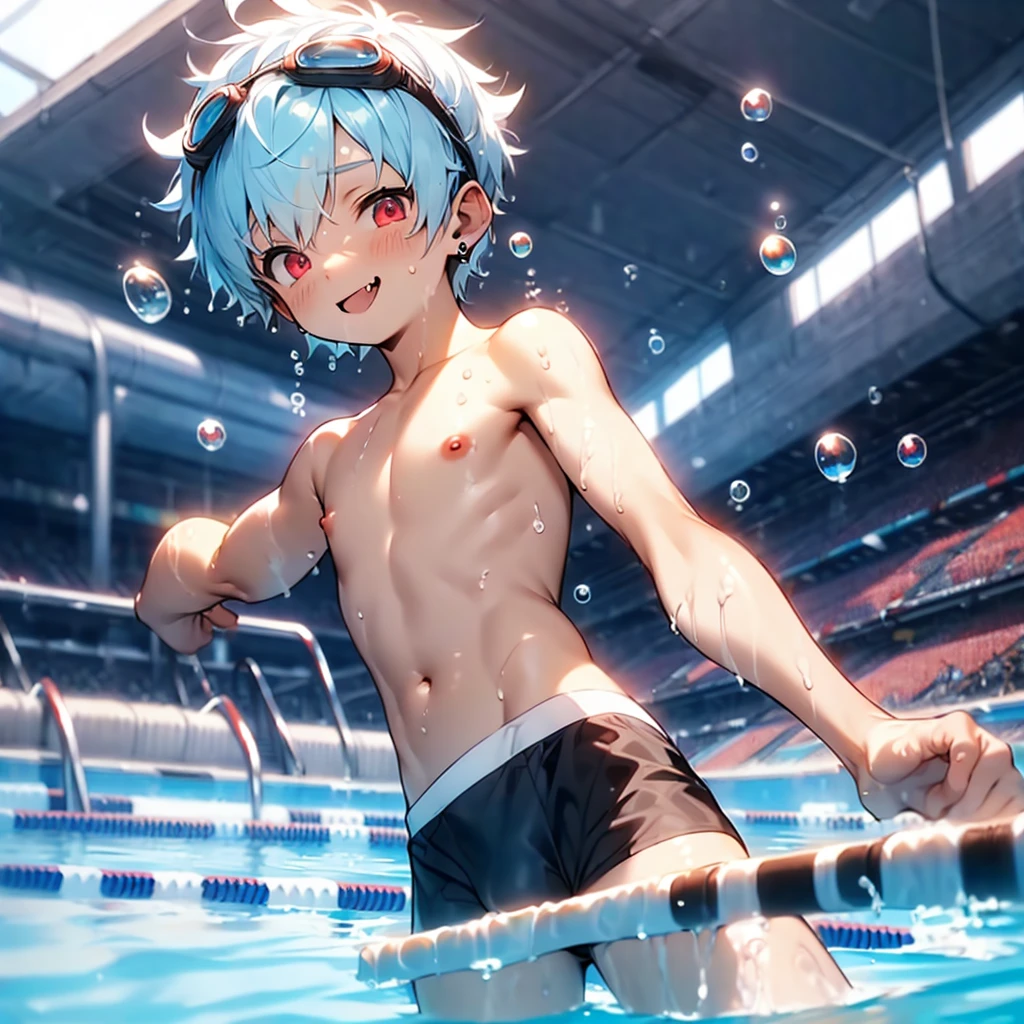 (solo:2), (boldline:-1.7), (swimming in water:1.5), (arched back:1.1), ((bubble)), (((fang))), (((best finger))), BREAK (best quality:1.5), (absolutely resolution:1.5), (ultra detailed:1.5), (masterpiece:1.5), (perfect face), (detailed face), (detailed eyes), (best eyes), (cute face), (shota:2), BREAK (topless:1.5), BREAK (white speedos:1.5), (swimming goggles on head:1.3), (see throgh wet clothes:1.4), (bulge:1.6), (skinny:1.3), (spiked hair), BREAK (light blue hair:1.5), (wine red eyes:1.4), (eyes with highlight:1.6), ((mole under eye)), (sweaty skin), (chuckling:1.5), ((earrings)), (shiny skin:1.3), BREAK (stadium), (pool:1.5), (sunlight), ((wind blowing)), (((nipple))), ((abs)), (groin), water splashing, from below,