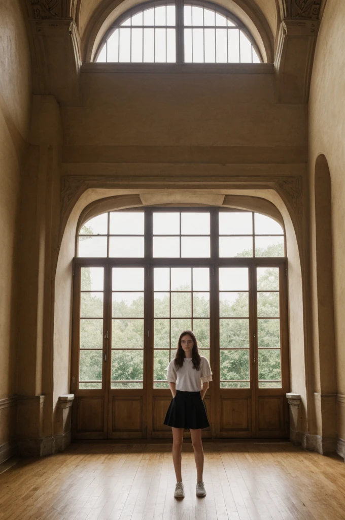 her name is Annie, high quality, 1girl, ((20-year-old fit Caucasian woman)), ((20 years old)), ((fit)) black long hair, pose: standing, wearin unique g gen Z modern wear, BACKGROUND: "From a charming Parisian studio, boasting high ceilings, ornate moldings, and large French windows that let in plenty of natural light