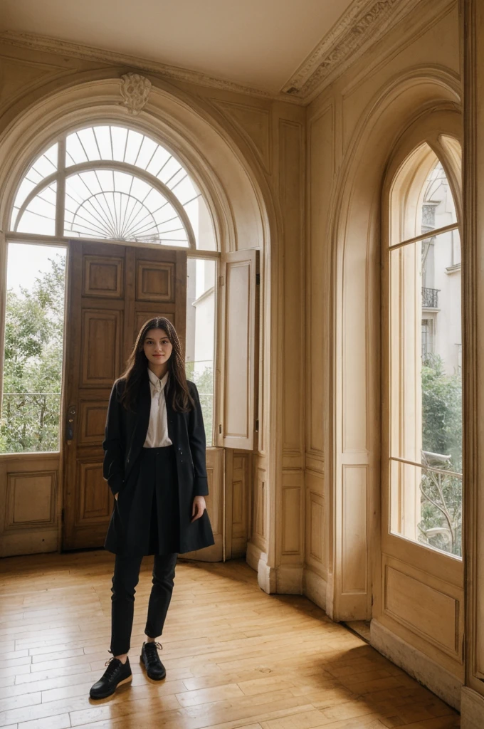 her name is Annie, high quality, 1girl, ((20-year-old fit Caucasian woman)), ((20 years old)), ((fit)) black long hair, pose: standing, wearin unique g gen Z modern wear, BACKGROUND: "From a charming Parisian studio, boasting high ceilings, ornate moldings, and large French windows that let in plenty of natural light