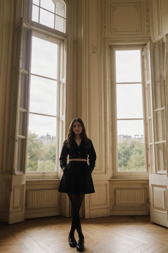 her name is Annie, high quality, 1girl, ((20-year-old fit Caucasian woman)), ((20 years old)), ((fit)) black long hair, pose: standing, wearin unique g gen Z modern wear, BACKGROUND: "From a charming Parisian studio, boasting high ceilings, ornate moldings, and large French windows that let in plenty of natural light