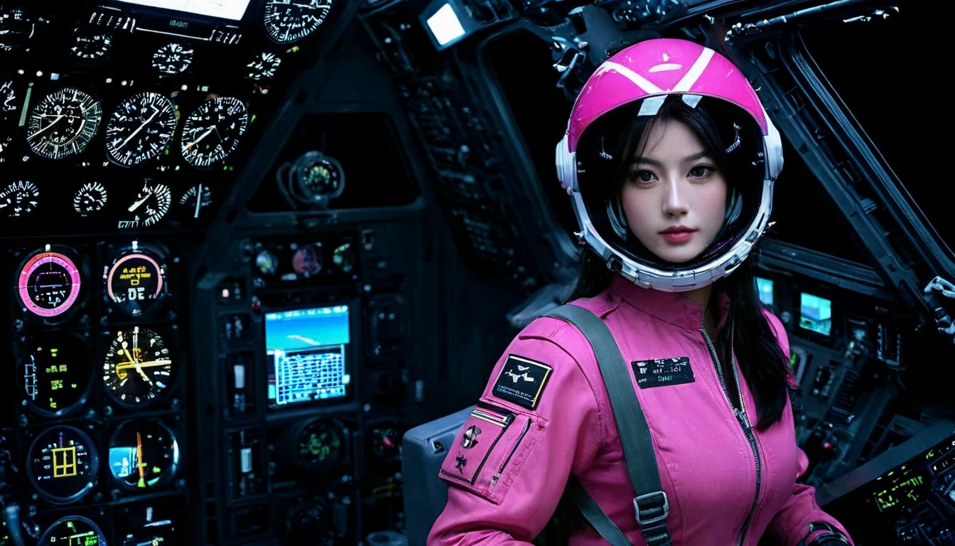One girl, (Beautiful Face), Female fighter jet pilot, Holding a pilot pink helmet with LED interactive screen and HUD head up display on the visor, Visor-displayed targeting system, Communication Systems, 赤いGlasses、Close the visor, Sexy pose, Floating Hair, Are standing, (Upper thigh shot:1.3), DT Helmets, Pink combat suit, Advanced Fighter Background, (Intricate details), High resolution, (Intricate details, Ultra-detailed:1.2), Cinematic shots, ((masterpiece, high quality, 最high quality, Official Art, Beautiful and aesthetic, Detailed face, Fine grain、Glasses)