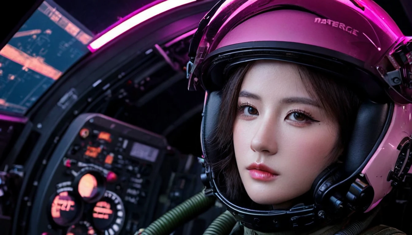 One girl, (Beautiful Face), Female fighter jet pilot, Holding a pilot pink helmet with LED interactive screen and HUD head up display on the visor, Visor-displayed targeting system, Communication Systems, 赤いGlasses、Close the visor, Sexy pose, Floating Hair, Are standing, (Upper thigh shot:1.3), DT Helmets, Pink combat suit, Advanced Fighter Background, (Intricate details), High resolution, (Intricate details, Ultra-detailed:1.2), Cinematic shots, ((masterpiece, high quality, 最high quality, Official Art, Beautiful and aesthetic, Detailed face, Fine grain、Glasses)