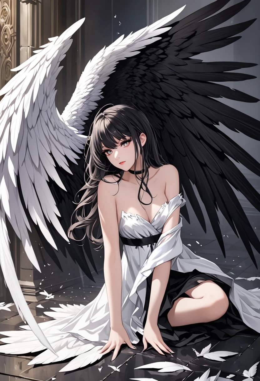 Highest quality,beautiful girl,Fallen angel with white and black wings
