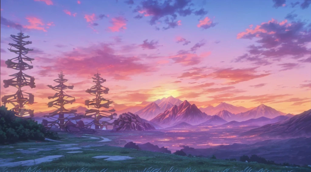 anime screencap ,background ,rock field , grass patches, mountains sci fi structure, clouds beautiful lighting ,masterpiece