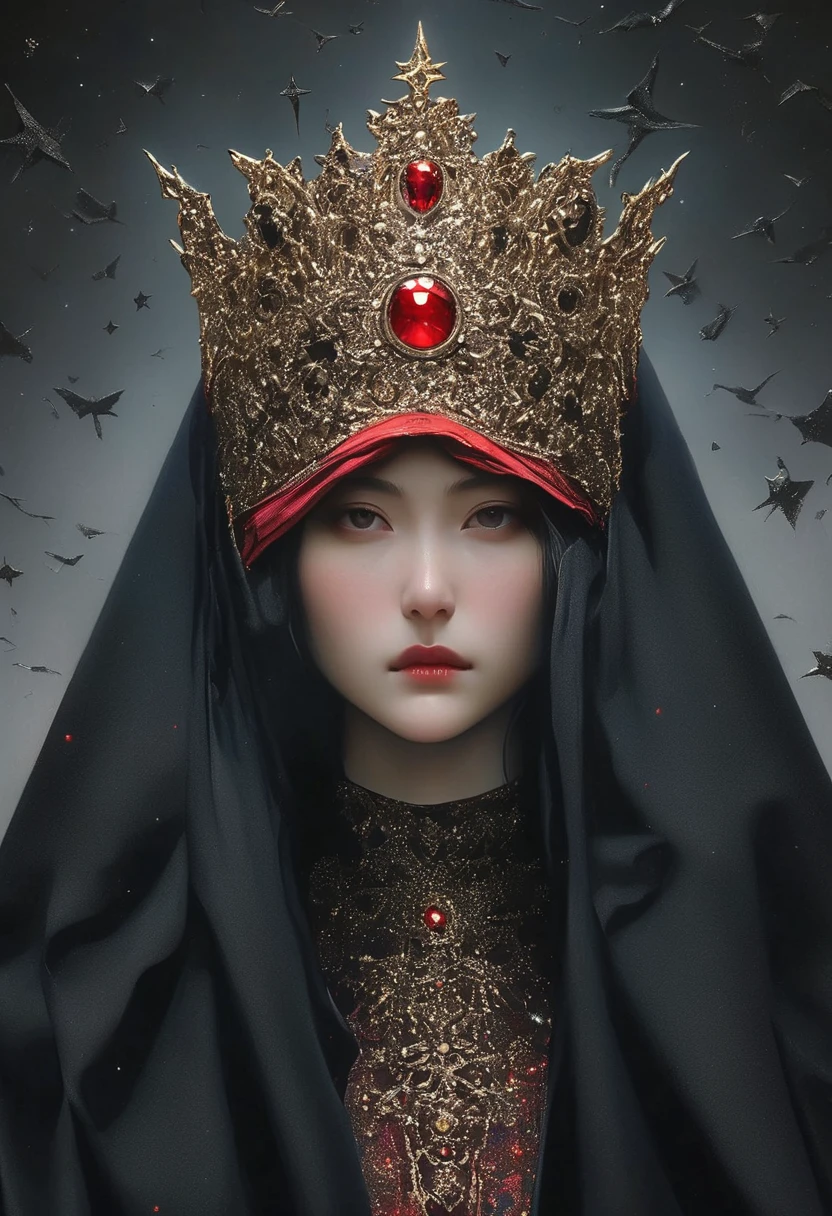 a woman in black with fake scars and star on top, in the style of jay anacleto, light red and red, trick of the eye paintings, meticulous detail, symmetrical, zhang jingna, religious iconography