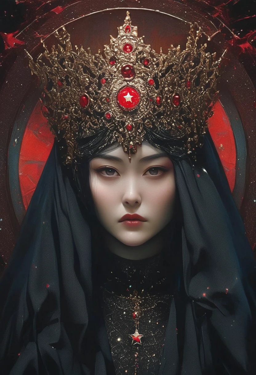 a woman in black with fake scars and star on top, in the style of jay anacleto, light red and red, trick of the eye paintings, meticulous detail, symmetrical, zhang jingna, religious iconography