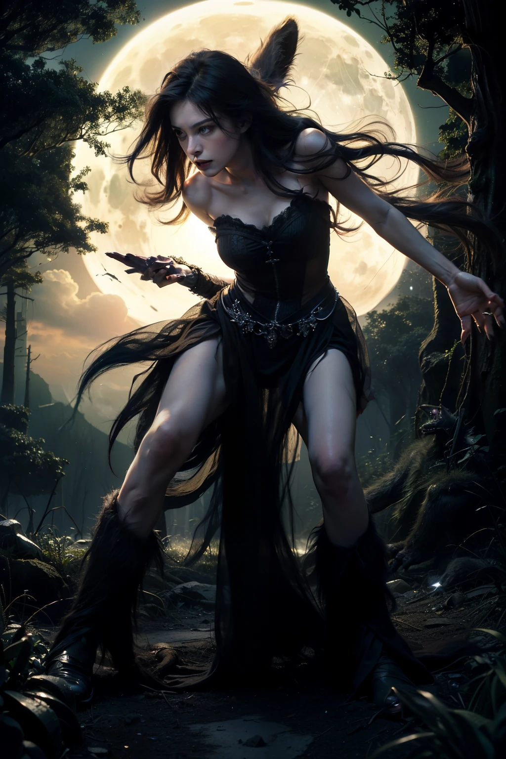 ((best quality)), ((masterpiece)), (detailed), ((1girl, beautiful, white woman, green eyes, black hair full body, extremely high quality face)), ((1werewolf beast holding the woman, dark forest full moon amazing quality dark atmosphere magical aura paranormal, werewolf arm around womans torso clawing at womans bodice, drama, action pose, woman struggling against werewolf