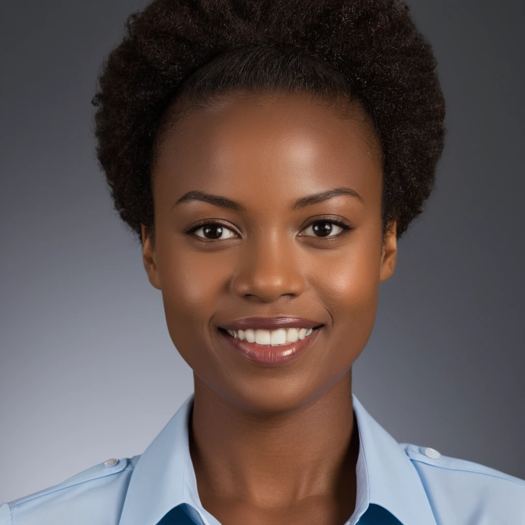 Here's a professional prompt for generating a corporate ID photo for an African girl: "Generate corporate ID photo for an African professional girl. Ensure photo reflects a professional and serious demeanor, with consistent quality and style suitable for official use. The subjects' face should be well-lit and clearly visible, emphasizing her professionalism and authentic personality."