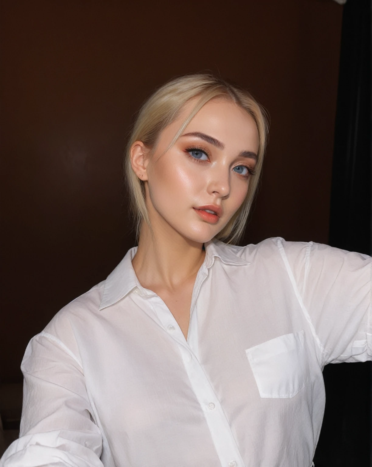 Blonde woman in white shirt taking selfie with cell phone, portrait of kim petras, blonde hair and big eyes, olga buzova, 18 years, profile headshot, face like being exposed, Dasha Taran, Anastasia Ovchinnikova, dressed in white shirt, AUNT MASSIVE, taken in the early 2020s
