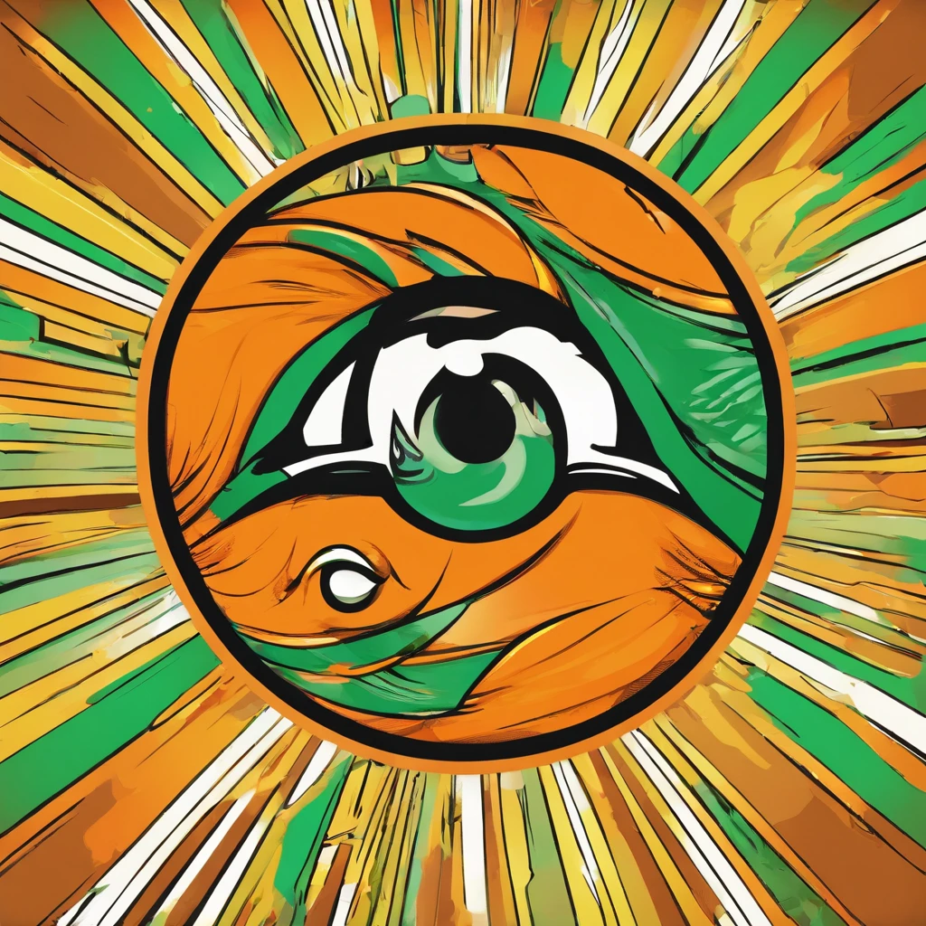 A logo representing a big orange with big eyes and green pupils, a big smile and a dark font