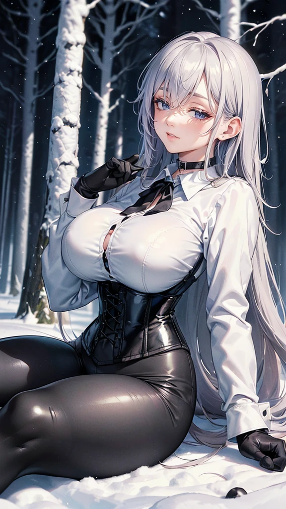 Masterpiece, Best Quality, (perfect anatomy,realist:1.3, lying on the ground,  (1 girl in:1), 1 woman, (big breasts:1.2), Closed eyes. sexy body, thin waist, Attractive front curves, round and soft chest,  (ash gray hair:1.6, long hair), evening, choker 1:6, (White long sleeve collar shirt:1.4), (corset　black leather), black gloves covering hands, (shiny black leggings), torn clothing, snowy dark forest, snow, night sky, Atmosphere, perfect hands
