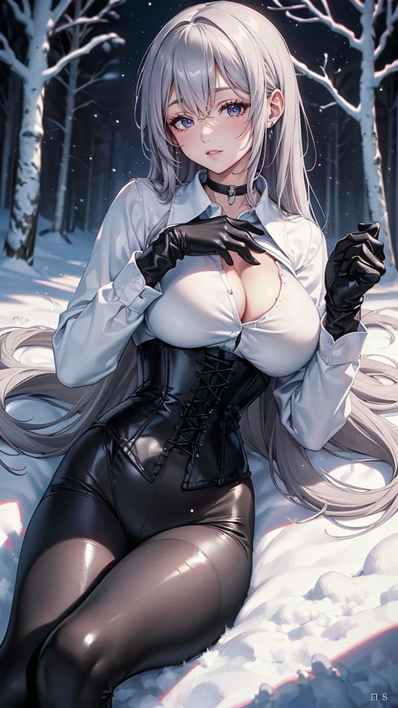 Masterpiece, Best Quality, (perfect anatomy,realist:1.3, lying on the ground,  (1 girl in:1), 1 woman, (big breasts:1.2), Closed eyes. sexy body, thin waist, Attractive front curves, round and soft chest,  (ash gray hair:1.6, long hair), evening, choker 1:6, (White long sleeve collar shirt:1.4), (corset　black leather), black gloves covering hands, (shiny black leggings), torn clothing, snowy dark forest, snow, night sky, Atmosphere, perfect hands