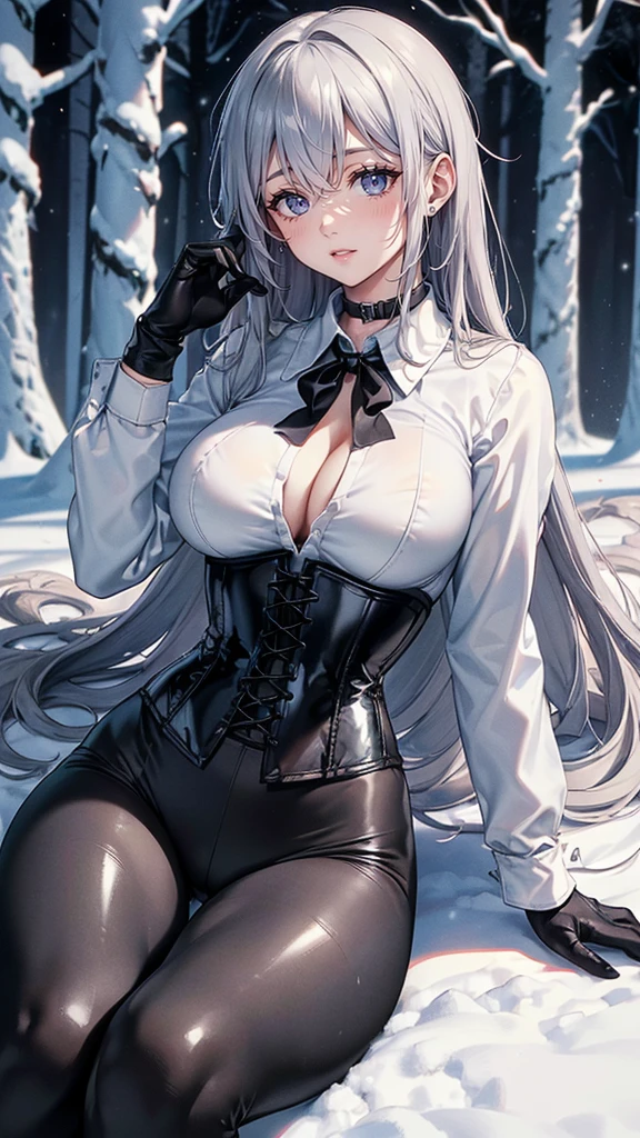 Masterpiece, Best Quality, (perfect anatomy,realist:1.3, lying on the ground,  (1 girl in:1), 1 woman, (big breasts:1.2), Closed eyes. sexy body, thin waist, Attractive front curves, round and soft chest,  (ash gray hair:1.6, long hair), evening, choker 1:6, (White long sleeve collar shirt:1.4), (corset　black leather), black gloves covering hands, (shiny black leggings), torn clothing, snowy dark forest, snow, night sky, Atmosphere, perfect hands