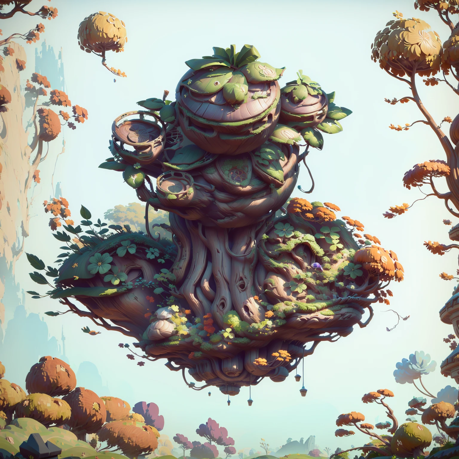 There is a big tree，There is a spherical building on top， Contains tree props, Game assets of plant and tree, stylized concept art, Stylized game art, Bonsai Tree House, Game image, 3D rendering style, Stylized 3d rendering, Stylized as 3D rendering, Game assets