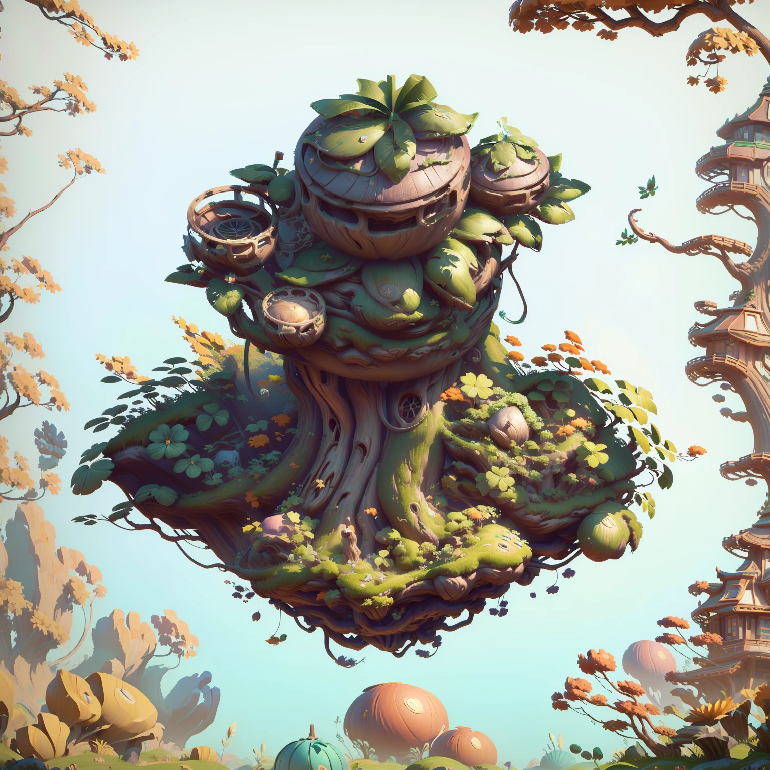 There is a big tree，There is a spherical building on top， Contains tree props, Game assets of plant and tree, stylized concept art, Stylized game art, Bonsai Tree House, Game image, 3D rendering style, Stylized 3d rendering, Stylized as 3D rendering, Game assets