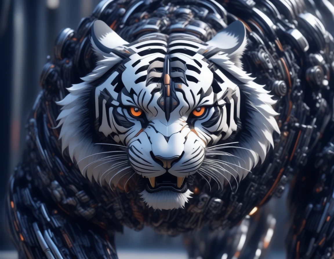 Ultra-realism, ((Masterpiece)), ((Best Quality)), (Very Detailed), ((Very Detailed)), 4K, (8K), very aesthetic, absurdres highres, cyborg style, cyborg, android, Draw a futuristic robotic tiger. This Tiger's design combines organic elements with advanced mechanical elements. Tigers have white fur with black stripes and a slim, strong physique. Parts of the body are based on natural cat anatomy, while other parts have mechanical features such as exposed gears, metal plates, and red glowing elements, action pose, dynamic angle,
