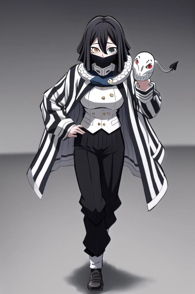 masterpiece, best quality, highres, 1girl obanai, demon slayer uniform vertical stripes jacket black pants, white snake, mask hand on hip, female focus , front view, breast, long hair 