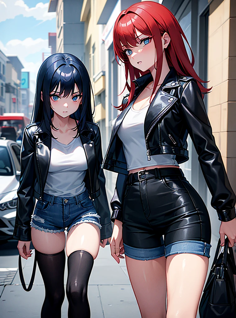 Two young girls, a young red-haired girl with blue eyes wearing a black leather jacket and a short white shirt with short blue denim shorts, and the second girl, a young girl with long black hair, blue eyes, a black leather jacket and a black shirt with short blue denim shorts., walking, dos chicas walking, chatting, chicas chatting