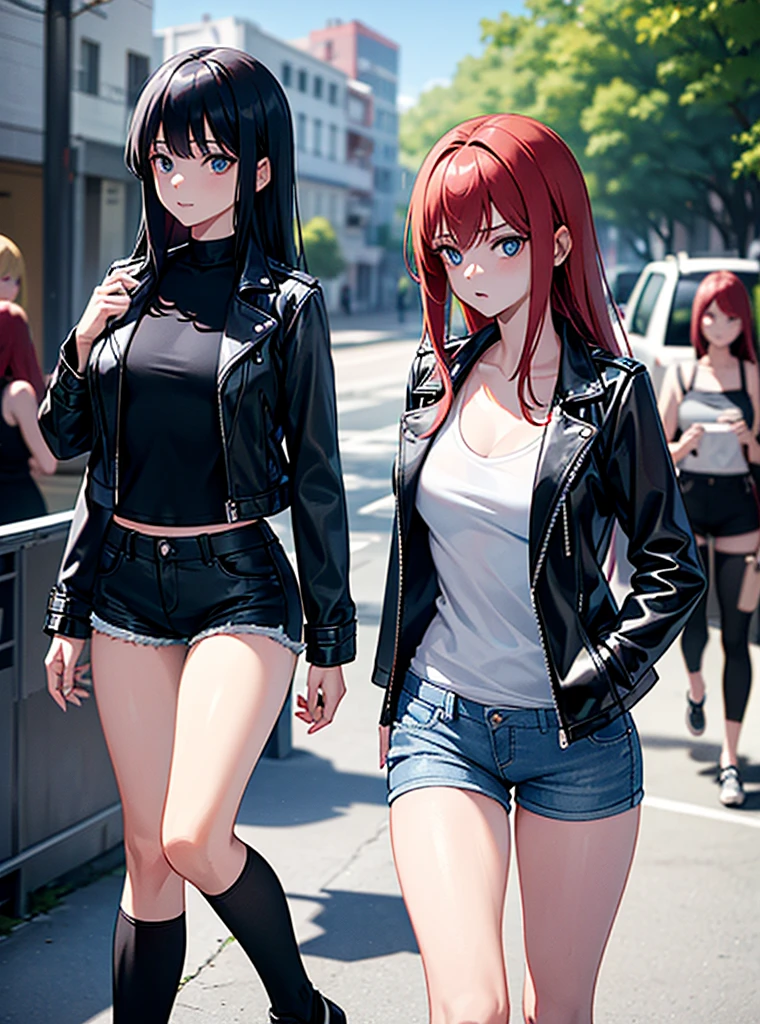 Two young girls, a young red-haired girl with blue eyes wearing a black leather jacket and a short white shirt with short blue denim shorts, and the second girl, a young girl with long black hair, blue eyes, a black leather jacket and a black shirt with short blue denim shorts., walking, dos chicas walking, chatting, chicas chatting
