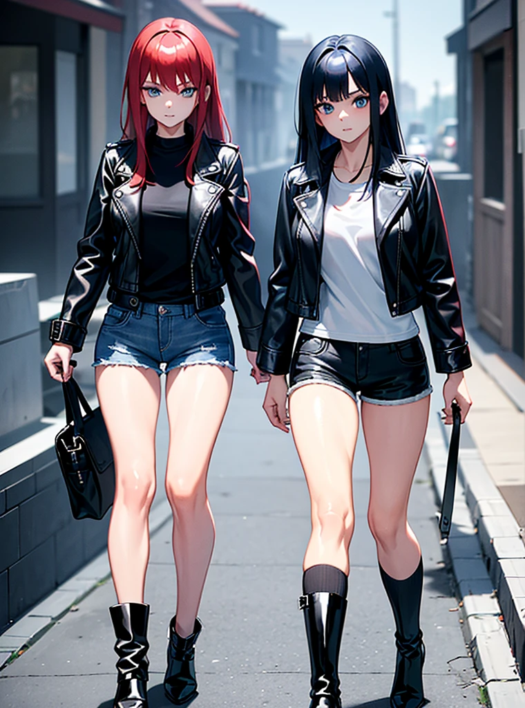 Two young girls, a young red-haired girl with blue eyes wearing a black leather jacket and a short white shirt with short blue denim shorts, and the second girl, a young girl with long black hair, blue eyes, a black leather jacket and a black shirt with short blue denim shorts., walking, dos chicas walking, chatting, chicas chatting
