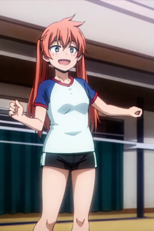 ((Highest quality)), ((masterpiece)), (be familiar with), Perfect Face, indoor, Bedroom, Watching the audience,
One woman, Kento Ichika,
Open Mouth, Ecstatic expression, blush, smile,
Small breasts, Flat Chest, Young Girl, , , Girl,
Long Hair, Side Tail,
Gym suit, White short sleeves, Black shorts, Leg spread,