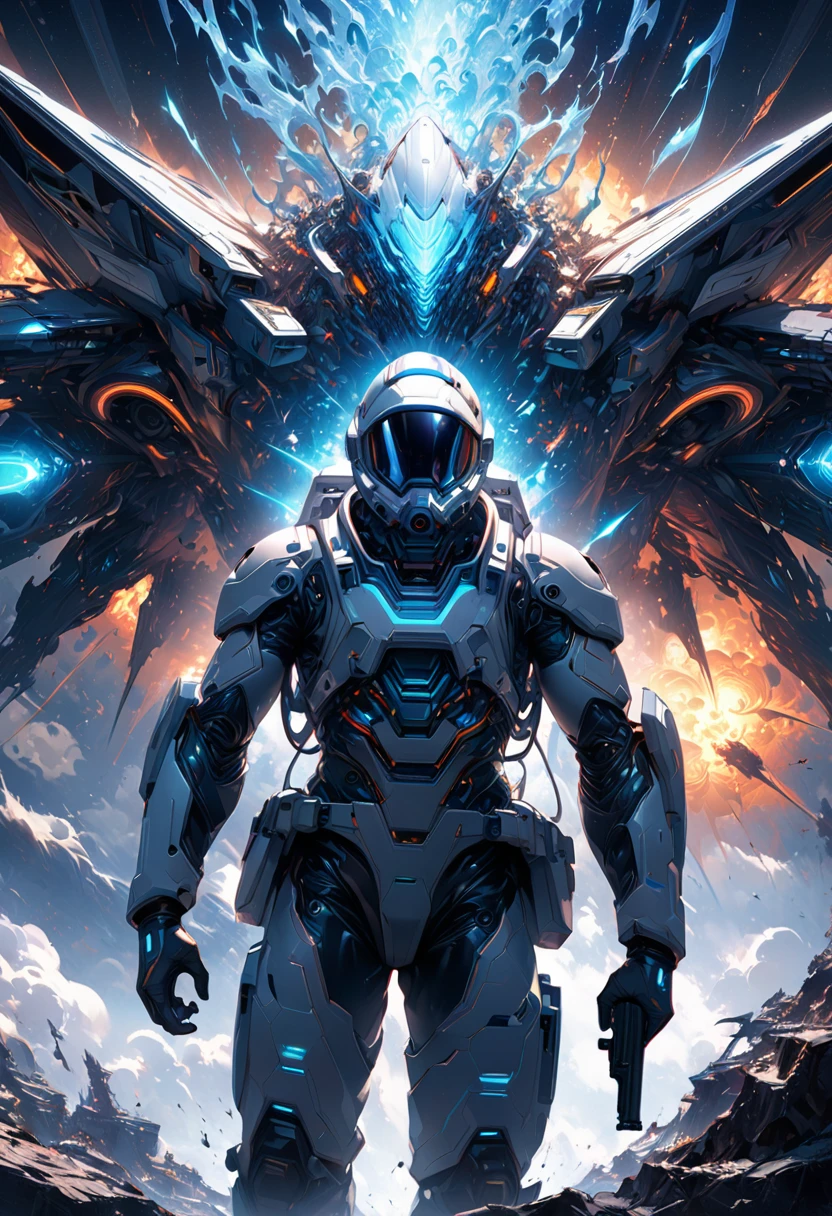 Perfect Anatomy Close-up of a man in a spacesuit standing in front of a spaceship holding a gun (Combat dynamic poses) Spaceship edge explosion fire battle sci-fi smoke rotating blue light surround movie scene surreal intricate sci-fi digital art illustration edge blue light light and shadow effect best quality detailed portrayal sci-fi digital art illustration extremely delicate art work ultra-precision art,Stunning digital art