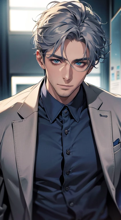 (best quality,4k,8k,highres,masterpiece:1.2),ultra-detailed,(realistic,photorealistic,photo-realistic:1.37),1 man,31 years old,mature man,very handsome,without expression,smile,short grey blue hair,blue eyes,penetrating gaze,perfect face without errors,imposing posture,businessman,office background,cinematic lighting,hdr image