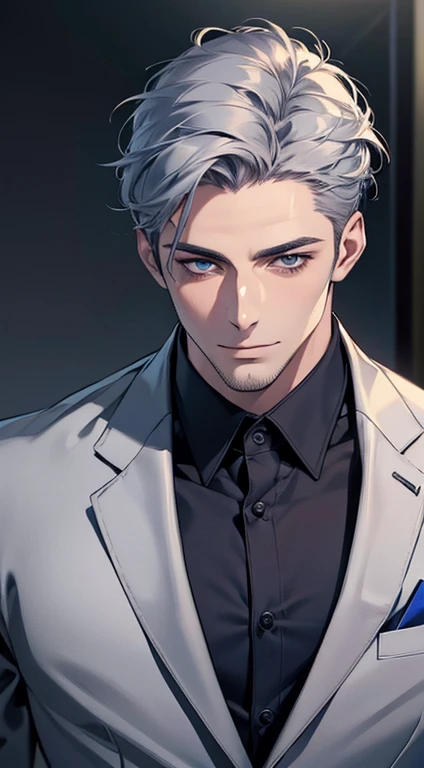 (best quality,4k,8k,highres,masterpiece:1.2),ultra-detailed,(realistic,photorealistic,photo-realistic:1.37),1 man,31 years old,mature man,very handsome,without expression,smile,short grey blue hair,blue eyes,penetrating gaze,perfect face without errors,imposing posture,businessman,office background,cinematic lighting,hdr image
