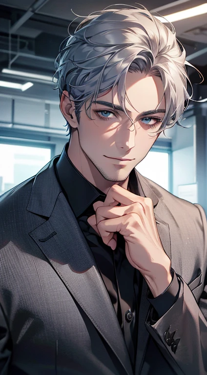 (best quality,4k,8k,highres,masterpiece:1.2),ultra-detailed,(realistic,photorealistic,photo-realistic:1.37),1 man,31 years old,mature man,very handsome,without expression,smile,short grey blue hair,blue eyes,penetrating gaze,perfect face without errors,imposing posture,businessman,office background,cinematic lighting,hdr image