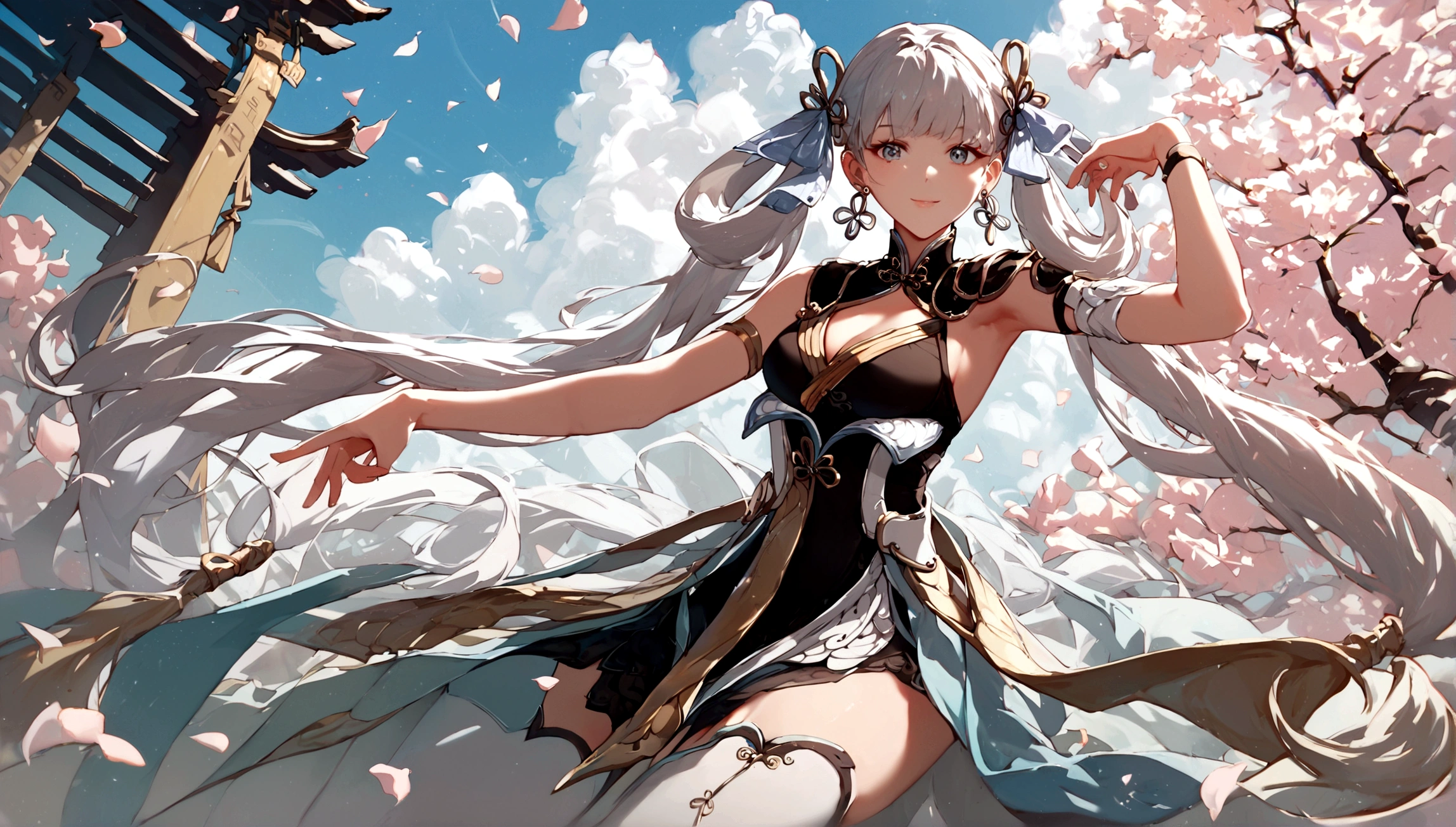score_9, score_8_up, score_7_up, score_6_up, masterpiece, beautiful and aesthetic, centered, JinshiWW, long hair, twintails, hair rings, hair ornament, earrings, chinese clothes, two-tone dress, black dress, white dress, cleavage cutout, armlet, white thighhighs, dynamic cute pose, close up, smile, cute, vibrant color, chinese temple background, Expressiveh
