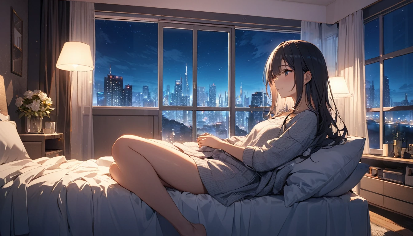 (Highest quality), Girl relaxing in her room,Large windows,Night view