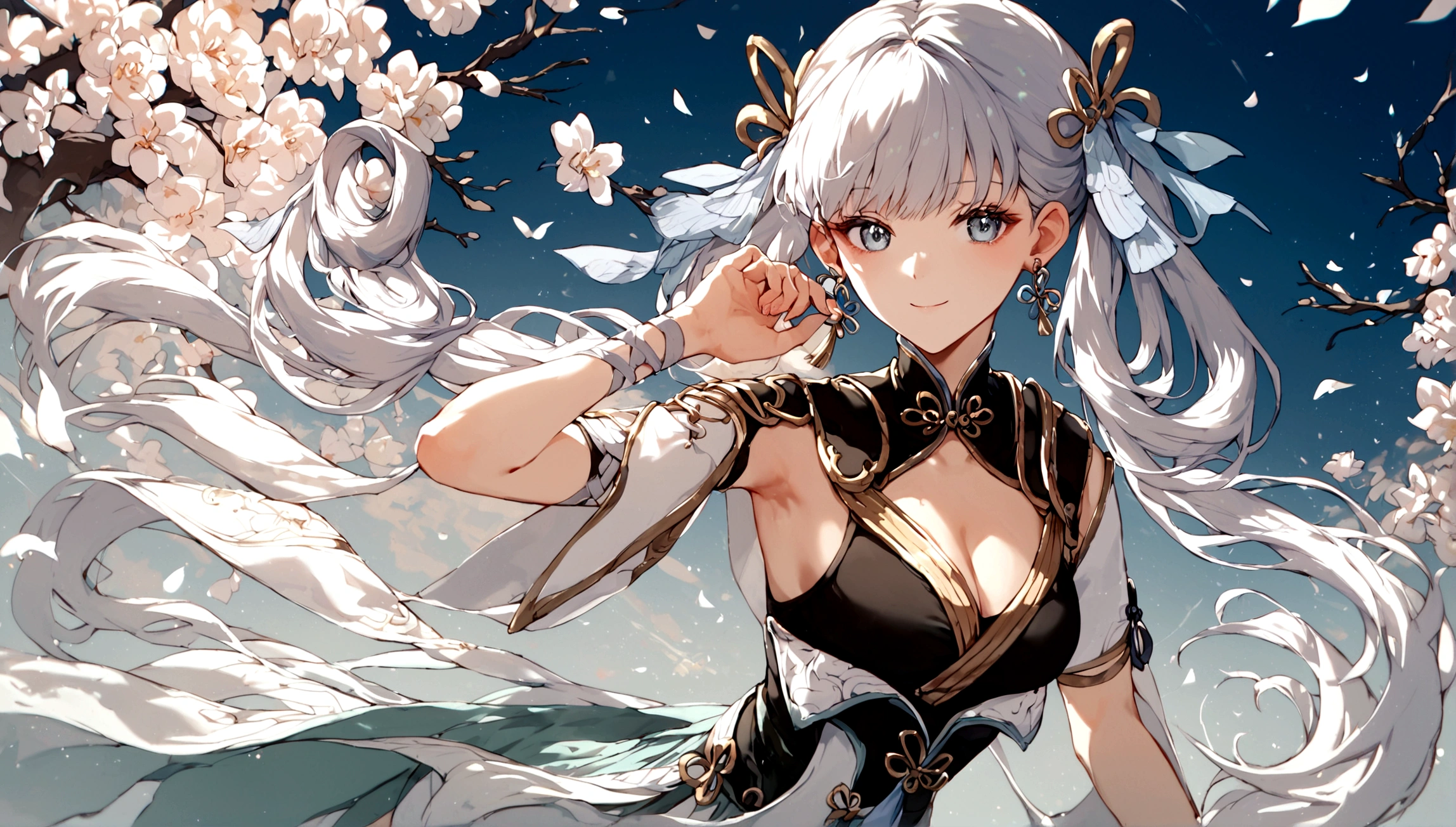 score_9, score_8_up, score_7_up, score_6_up, masterpiece, beautiful and aesthetic, centered, JinshiWW, long hair, twintails, hair rings, hair ornament, earrings, chinese clothes, two-tone dress, black dress, white dress, cleavage cutout, armlet, white thighhighs, dynamic cute pose, close up, smile, cute, vibrant color, chinese temple background, Expressiveh
