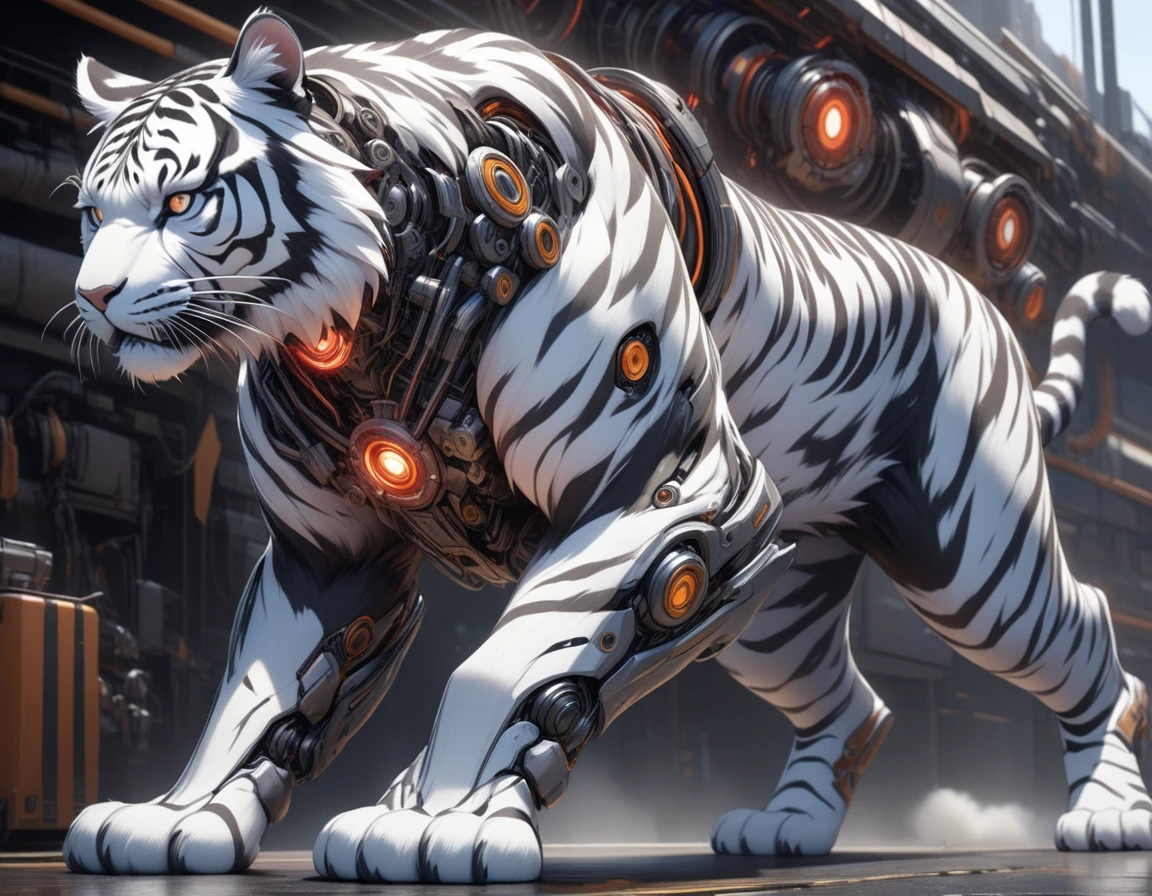 Ultra-realism, ((Masterpiece)), ((Best Quality)), (Very Detailed), ((Very Detailed)), 4K, (8K), very aesthetic, absurdres highres, Draw a futuristic robotic tiger. This Tiger's design combines organic elements with advanced mechanical elements. Tigers have white fur with black stripes and a slim, strong physique. Parts of the body are based on natural cat anatomy, while other parts have mechanical features such as exposed gears, metal plates, and red glowing elements, action pose, dynamic angle,
