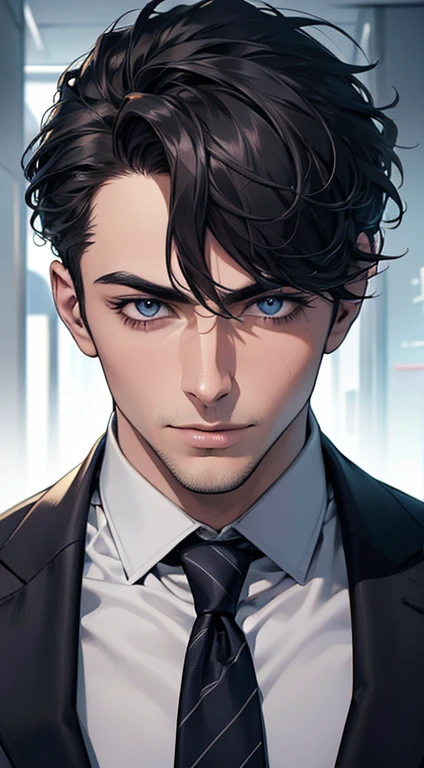 (best quality,4k,8k,highres,masterpiece:1.2),ultra-detailed,(realistic,photorealistic,photo-realistic:1.37),1 man,31 years old,mature man,very handsome,without expression,smile,short grey black hair,blue eyes,penetrating gaze,perfect face without errors,imposing posture,businessman,office background,cinematic lighting,hdr image