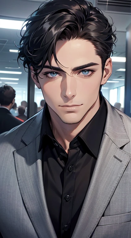 (best quality,4k,8k,highres,masterpiece:1.2),ultra-detailed,(realistic,photorealistic,photo-realistic:1.37),1 man,31 years old,mature man,very handsome,without expression,smile,short grey black hair,blue eyes,penetrating gaze,perfect face without errors,imposing posture,businessman,office background,cinematic lighting,hdr image